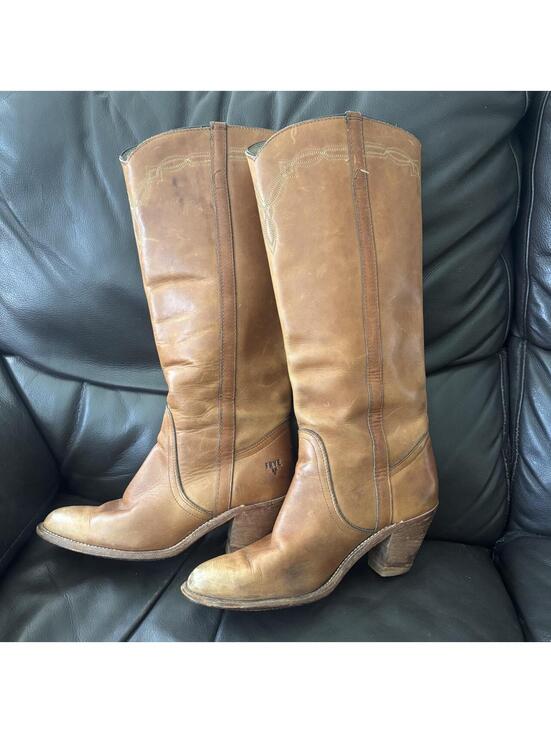 Frye Shoes - 70s Vintage Frye Tan Leather Western Campus Stitch Boots Womens 8 B USA